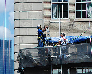 Pierre Hotel, NYC, NY, workers, suspended scaffold, swing, swing staging, rental, 215 743-2200