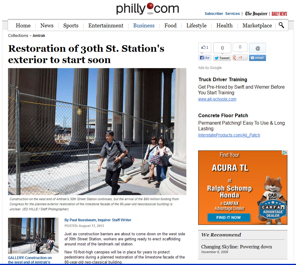 Philly Inquirer article Amtrak superior scaffold