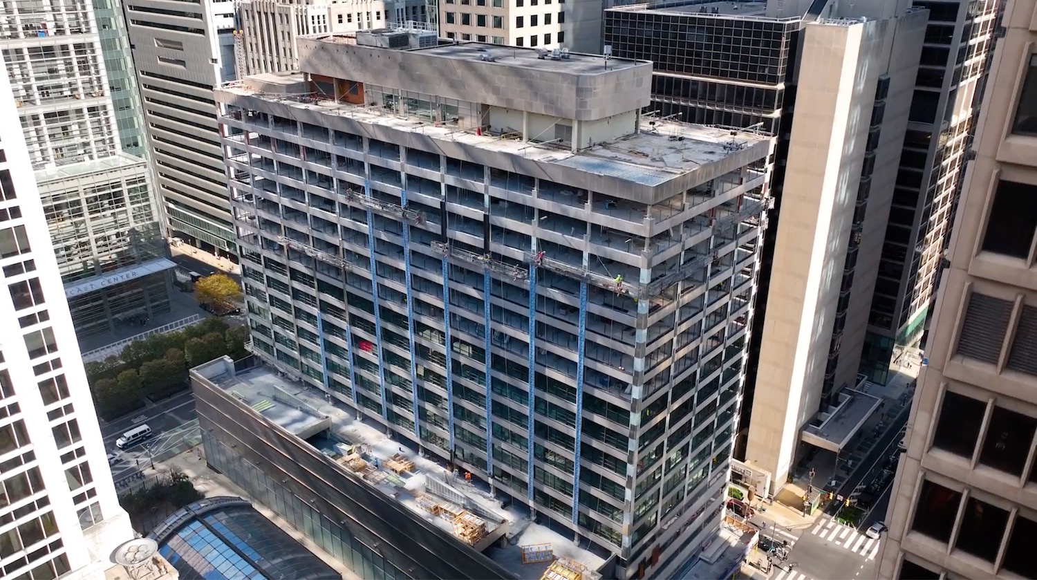 superior scaffold, scaffolding, suspended scaffold, clemens construction, 17th & Market, philadelphia, PA, philly, canopy, swings