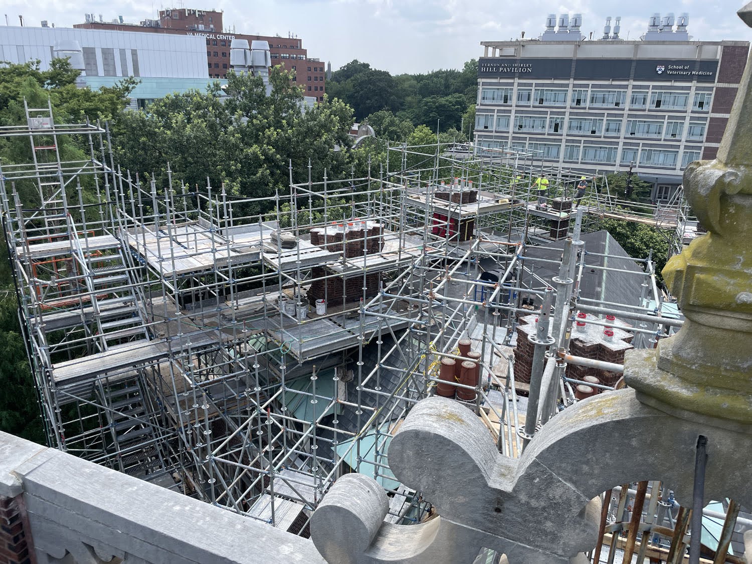 superior scaffold, scaffolding, scaffold, Philadelphia, PA, University of Penn, quadrangle, chimney, renovation, masonry, canopy, hoist, lift, UofP, dugan, Intech, NJ, DE, gbca, maze